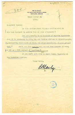 Letter to President Harry S. Truman from Rey B. Early