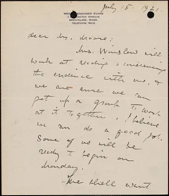 E[lizabeth] G[lendower] Evans autograph letter signed to [Fred H.] Moore, En route to Washington, March 20, 1923