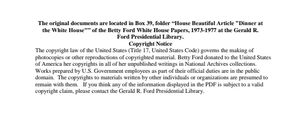 House Beautiful Article "Dinner at the White House"