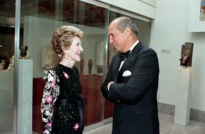 Nancy Reagan and Oscar de la Renta Attending the Council of Fashion Designers of America (CFDA) Dinner Honoring Brooke Astor at The Carlyle Hotel in New York City