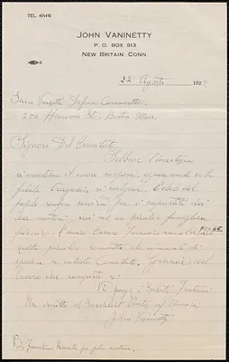 John Vaninetty autograph letter signed, in Italian, to Sacco-Vanzetti Defense Committee, New Britain, Conn., August 22, 1927