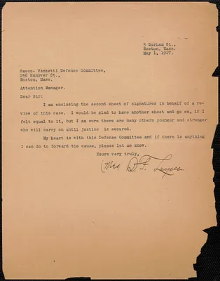 Mrs. D. F. Layne typed note signed to Sacco-Vanzetti Defense Committee, Boston, Mass., May 1, 1927