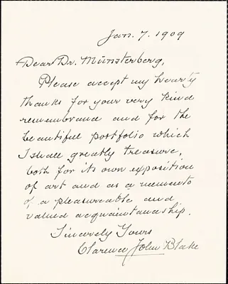 Blake, Clarence J. (Clarence John), d. 1919 autograph note signed to Hugo Münsterberg, Boston, 07 January 1909