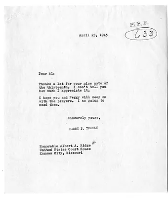 Correspondence Between President Harry S. Truman and Judge Albert Ridge