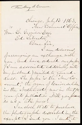 Letter from Mary Ashton Livermore, Chicago, [Ill.], to William Lloyd Garrison, July 13 1863