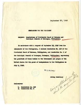 Memorandum from Acting Secretary of State Will Clayton to President Harry S. Truman