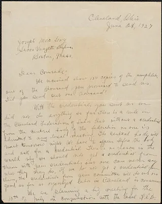 Bessie Kimmelman (Sacco-Vanzetti Defense Committee, Cleveland) autograph letter signed to Joseph Moro, Cleveland, Ohio, June 28, 1927