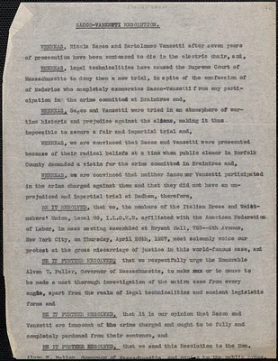 Italian Dress and Waistmakers' Union, Local 89 typed resolution (copy), New York, N. Y., April 28, 1927