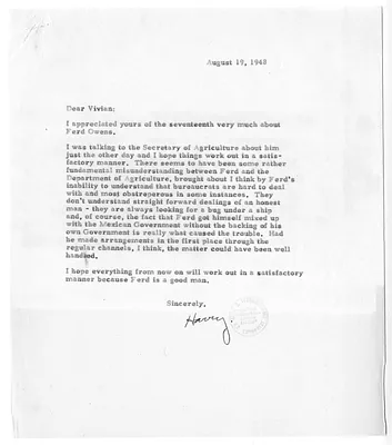 Correspondence Between President Harry S. Truman and J. Vivian Truman