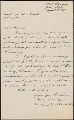 Kristen Svanum autograph letter signed to Sacco-Vanzetti Defense Committee, Butte, Mont., August 19, 1927