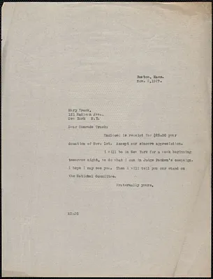 Mary Donovan typed letter Mary Trask, Boston, Mass., November 2, 1927