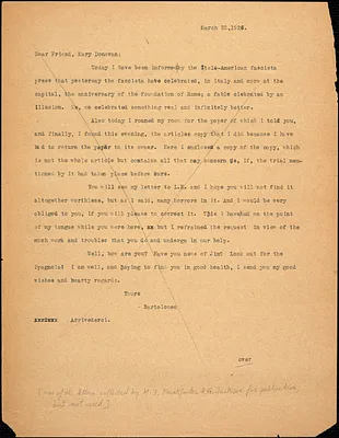Bartolomeo Vanzetti typed letter (copy) to Mary Donovan, [Charlestown], 22 March 1926