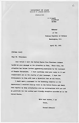 Message from Chancellor Konrad Adenauer to President John F. Kennedy on Cuba, 20 April 1961