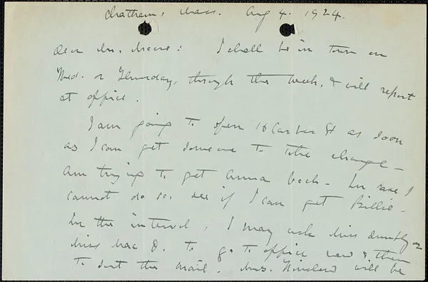 E[lizabeth] G[lendower] Evans autograph letter signed to [Fred H.] Moore, Chatham, Mass., August 4, 1924
