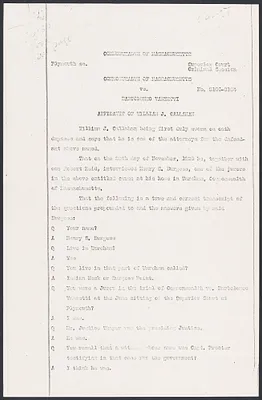 Herbert Brutus Ehrmann Papers, 1906-1970. Sacco-Vanzetti. William J. Callahan: Affidavit re Bridgewater. Box 10, Folder 8, Harvard Law School Library, Historical & Special Collections