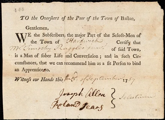 Mary Goggin indentured to apprentice with Timothy Ruggles, Jr. of Hardwick, 24 September 1767