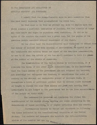 Charles Ferguson typed letter (circular) to the Organizers and Operatives of American Industry and Commerce, New York, N. Y., August 1927