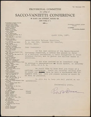 Robert W. Dunn typed letter signed to Sacco-Vanzetti Defense Committee, New York, N.Y., April 11, 1927