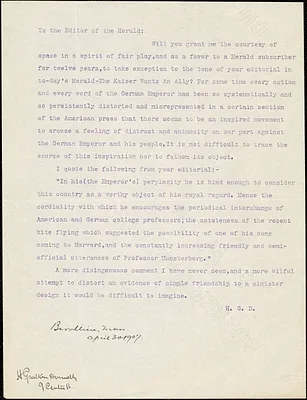 Donnelly, H Grattan, fl. 1907 typed letter signed (copy) to the Editor of the Herald, Brookline, Mass, 30 April 1907