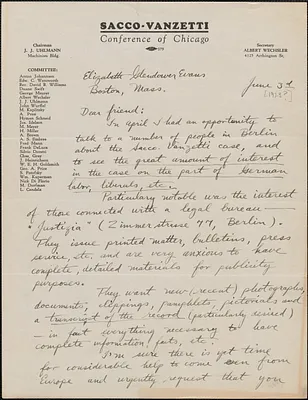 George Maurer (Sacco-Vanzetti Conference of Chicago) autograph letter signed to Elizabeth Glendower Evans, Chicago, Ill., June 3, [1923?]