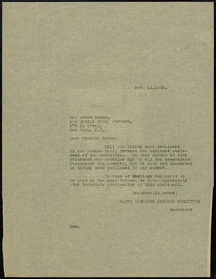 Sacco-Vanzetti Defense Committee typed letter (copy) to Abram Cahan, Boston, Mass., November 12, 1926