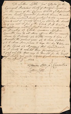 Notice of annual meeting addressed to Luther Little Jr., collector for the Episcopal Protestant Society of Marshfield (Trinity)