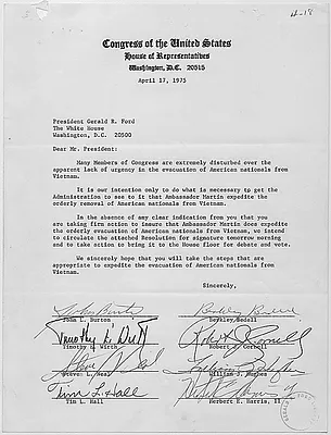 Letter from 41 members of the U.S. House of Representatives to President Gerald R. Ford concerning the evacuation of American nationals from Vietnam.