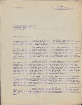 Emil Belzner typed letter signed, in German, to Sacco-Vanzetti Defense Committee, Baden, Germany, September 19, 1927