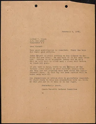 Sacco-Vanzetti Defense Committee typed letter (copy) to Alfred T. Clark, [Boston, Mass.], February 6, 1924