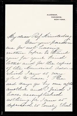 Holls, Caroline M. (Sayles) autograph letter signed to Hugo Münsterberg, Yonkers, N.Y., 16 November 1903
