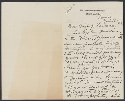 Sacco-Vanzetti Case Records, 1920-1928. Correspondence. Bishop William Lawrence, 1927. Box 41, Folder 61, Harvard Law School Library, Historical & Special Collections