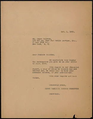 Sacco-Vanzetti Defense Committee typed letter (copy) to Roger N. Baldwin (The American Fund For Public Service, Inc.), Boston, Mass., October 1, 1925