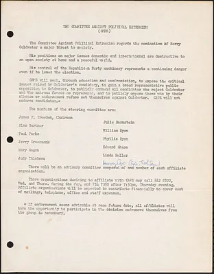 Statement from Committee Against Political Extremism (CAPE) about societal threat from nomination of Barry Goldwater
