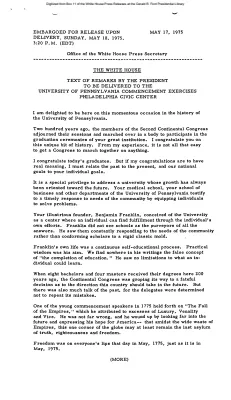 Text of Remarks by the President to be Delivered to the University of Pennsylvania Commencement Exercises, Philadelphia Civic Center [Ford Speech or Statement]