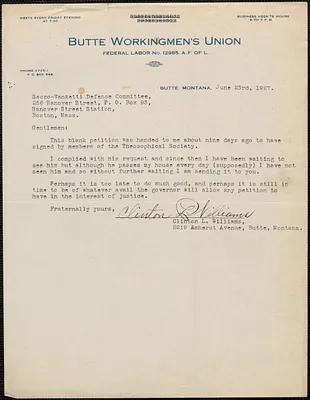 Clinton L. Williams (Butte Workingmen's Union) typed letter signed to Sacco-Vanzetti Defense Committee, Butte, Mont., June 23, 1927