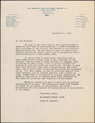 Elizabeth Gurley Flynn and Roger N. Baldwin (The American Fund For Public Service, Inc.) typed letter (circular), New York, N. Y., September 4, 1925