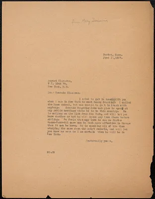 Mary Donovan typed letter (copy) to August Claessens (Socialist Party), Boston, Mass., June 13 1927