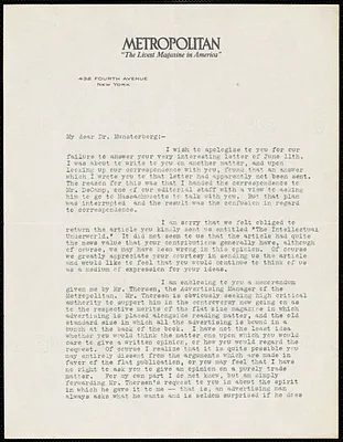 Hovey, Carl, 1875-1956 typed letter signed to Hugo Münsterberg, 29 September 1913