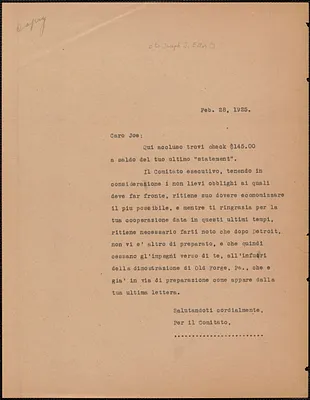Sacco-Vanzetti Defense Committee typed letter (copy), in Italian, to [Joseph J. Ettor?], Boston, Mass., February 28, 1925