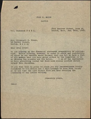 [Fred H. Moore] typed letter (copy) to Elizabeth G[lendower] Evans, Boston, Mass., January 26, 1923