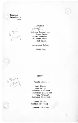 White House Luncheon and Dinner Menu