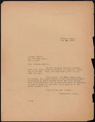 Mary Donovan (Sacco-Vanzetti Defense Committee) typed letter (copy) to Michael Barry, Boston, Mass., May 26, 1927