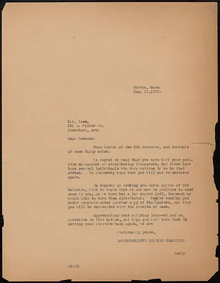 Joseph Moro (Sacco-Vanzetti Defense Committee) typed letter (copy) to R. L. Isom, Boston, Mass., December 13, 1927