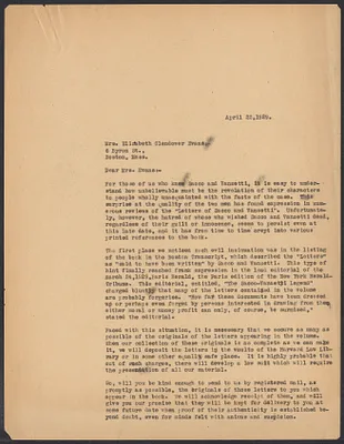 Sacco-Vanzetti Case Records, 1920-1928. Correspondence. Gardner Jackson to Elizabeth G. Evans, April 1929. Box 41, Folder 51, Harvard Law School Library, Historical & Special Collections