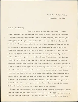 Eliot, Charles William, 1834-1926 typed letter signed to Hugo Münsterberg, North East Harbor, Me., 8 September 1894