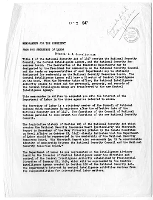 Memorandum from Secretary of Labor Lewis Schwellenbach to President Harry S. Truman