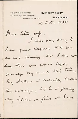 [John Biddulph Martin] autograph note signed to [Victoria Woodhull Martin], Tewkesbury, [England], October 15, 1895