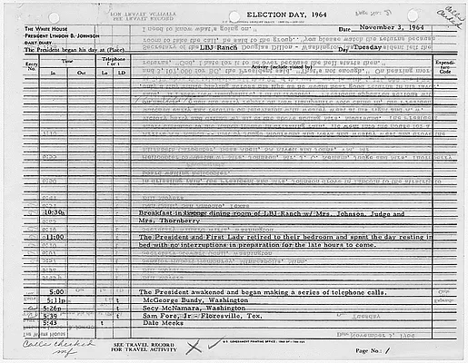 President's Daily Diary Entry, November 3, 1964