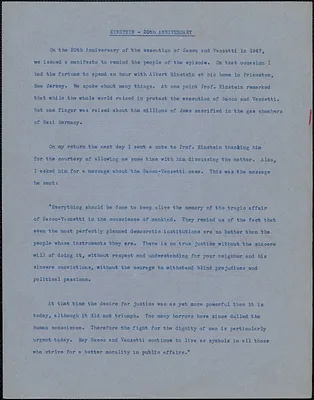 Typed document, [August 1947?]: Einstein - 20th anniversary