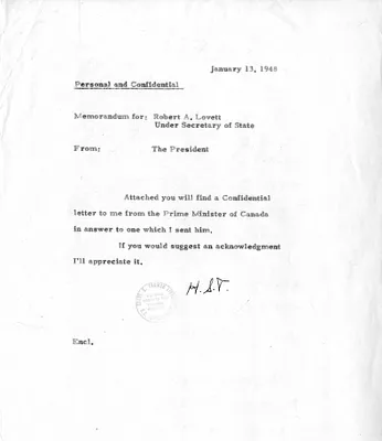 Memorandum from President Harry S. Truman to Under Secretary of State Robert Lovett